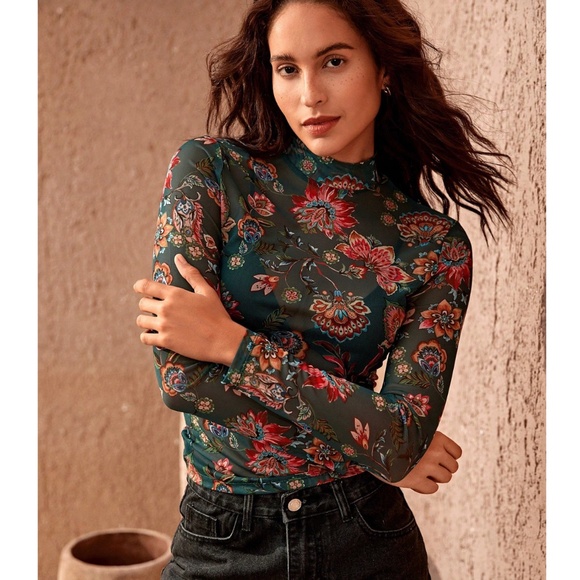 Green Multicolor Floral Print Mesh Sheer Shirt Top Long Sleeve - Picture 1 of 9